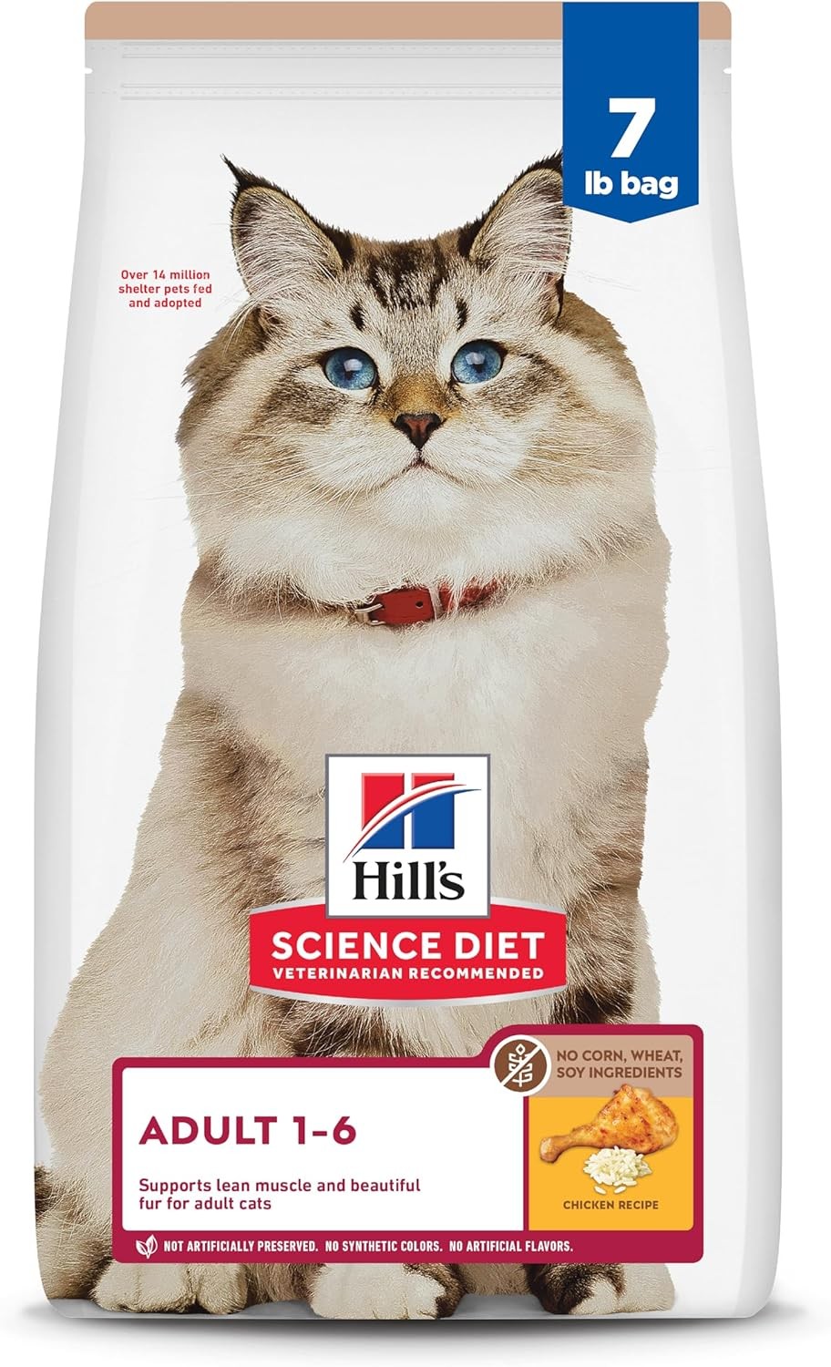 Hill's Science Diet Adult 1-6 Years, Premium Nutrition, Dry Cat Food, Corn-Free, Wheat-Free, Soy-Free, Chicken & Brown Rice Recipe, 7 lb Bag